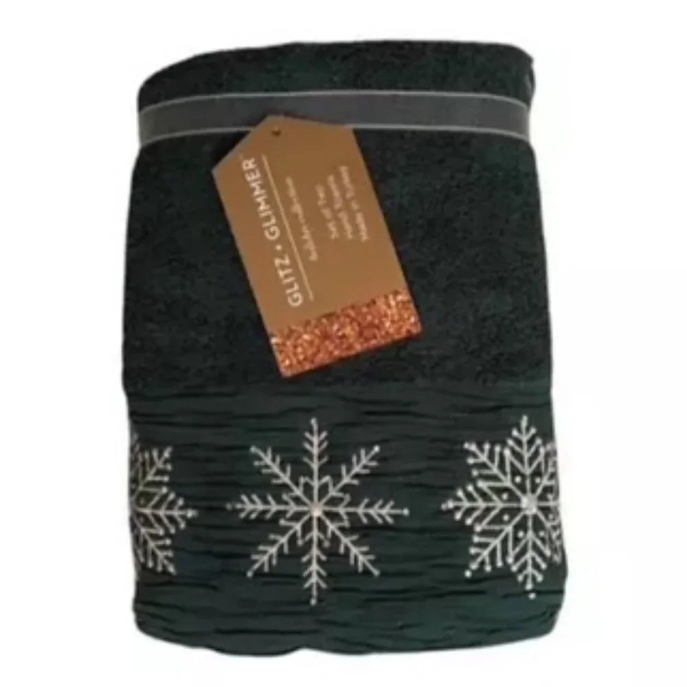 Glitz + Glimmer Embroidered Snowflake Hand Towels Set of 2 Dark Green NWT New